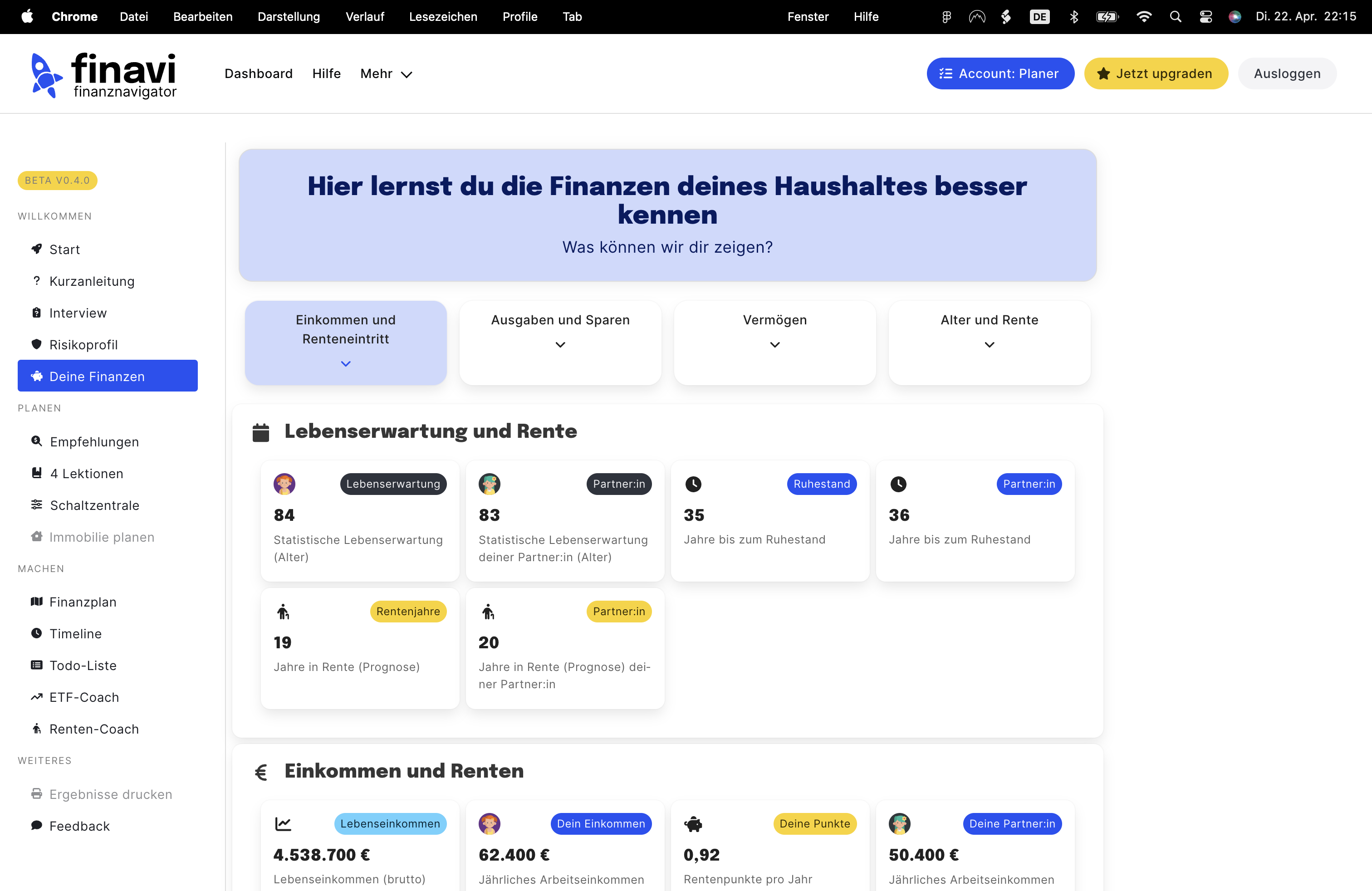 App screen showing retirement planning results