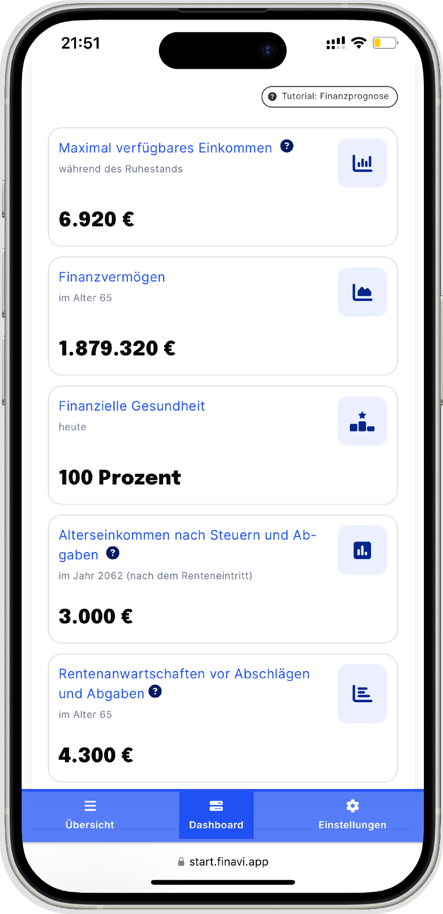 App screen showing retirement planning results